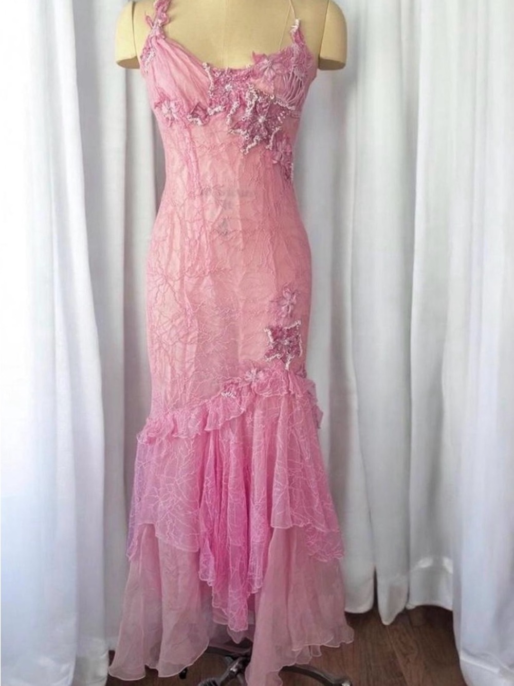 Sue Wong Pink Lace Appliqué Maxi Gown